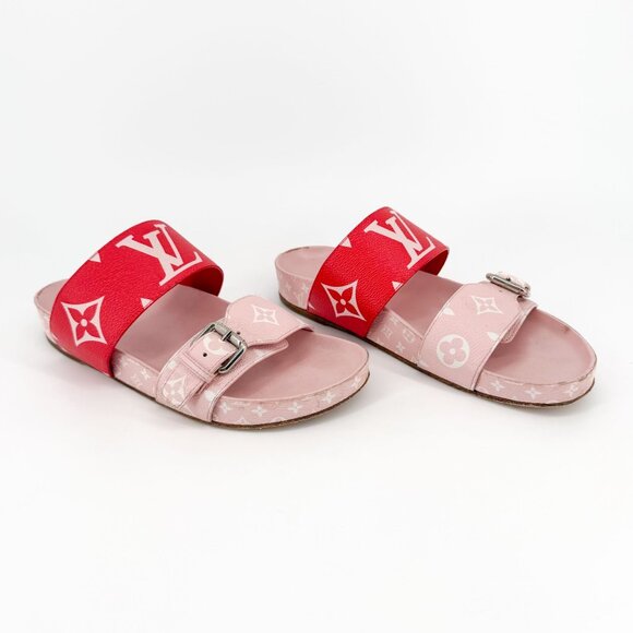 Louis Vuitton Bom Dia Slide Sandals Pink Red Monogram Canvas Size 38 US 8 Women - Picture 1 of 15